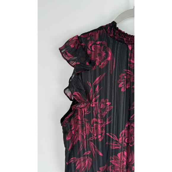WHBM Sleeveless Smocked Waist Ruffle Midi Dress Womens XL Petite Black Red - Picture 6 of 14